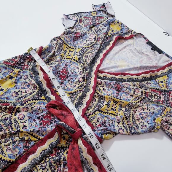 BCBGMaxAzria Printed Midi Wrap Dress High Low Flutter Sleeves - Picture 5 of 10